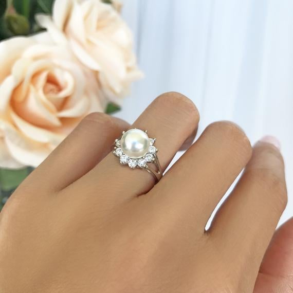 Pearl Halo Engagement Ring