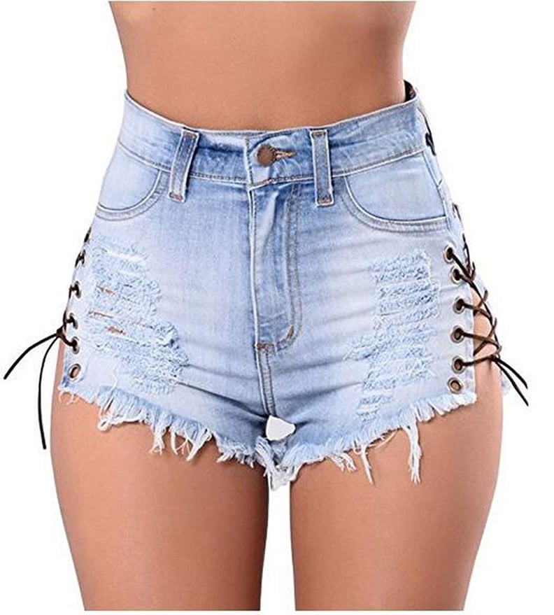 Maelu Sexy Women Summer Stretchy High Waist Lace up Ripped Distressed Denim Jean Shorts
