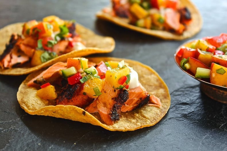 Grilled Salmon Tacos With Peach and Cucumber Salsa