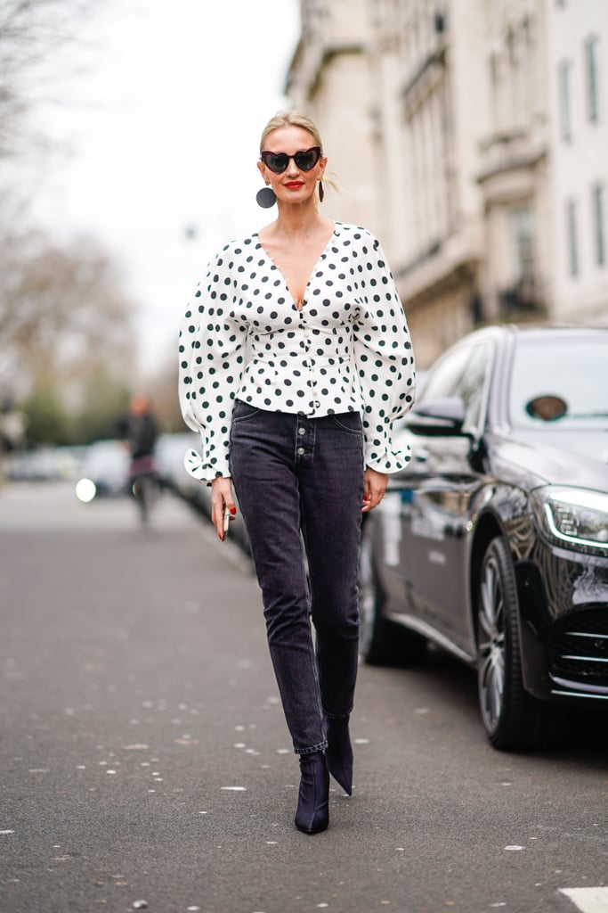 Go Casual Chic In A Polka Dot Top And Black Skinny Jeans Polka