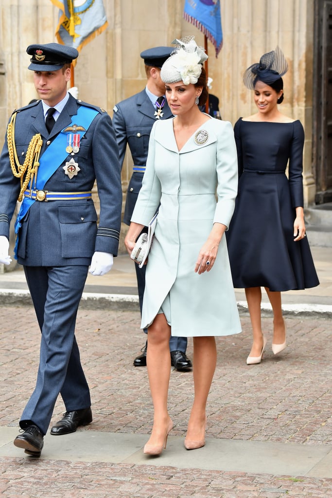 To celebrate the hundredth anniversary of the Royal Air Force, Kate wore an Alexander McQueen coat dress with nude pumps.