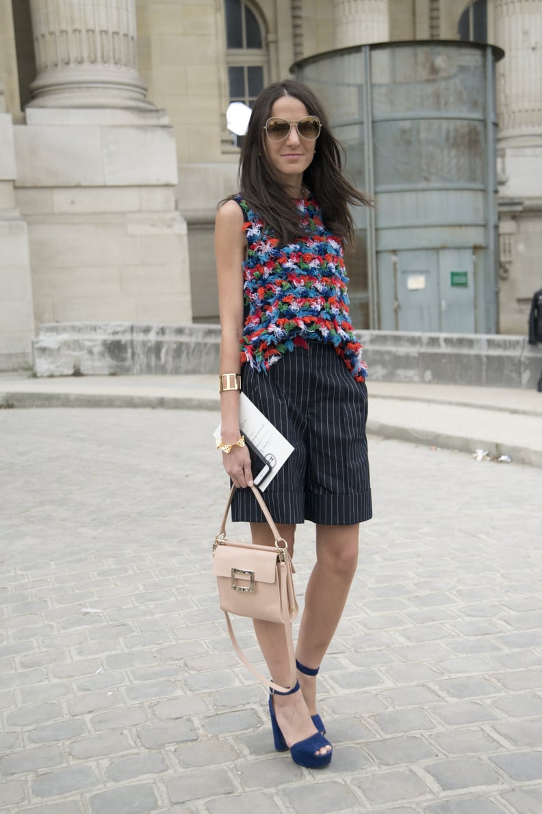 A simple shell top and pinstripe shorts