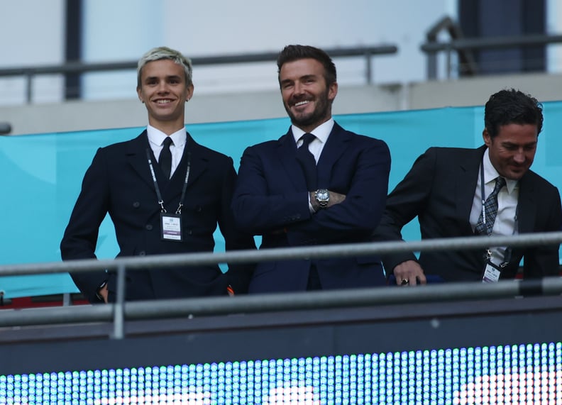 LONDON, ENGLAND - JUNE 18: Romeo Beckham and David Beckham, Former England International react as they watch on from the stands during the UEFA Euro 2020 Championship Group D match between England and Scotland at Wembley Stadium on June 18, 2021 in London