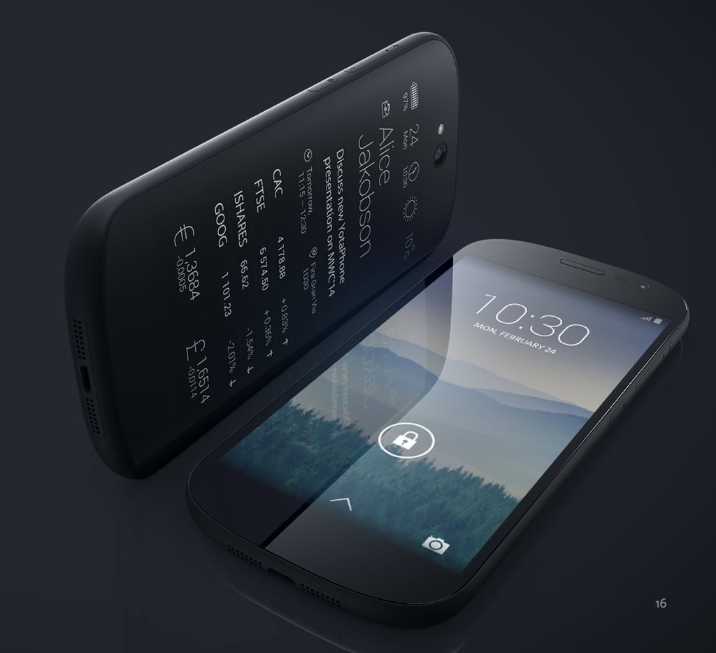 OS — Android
CPU — Qualcomm Snapdragon 800 8974 Quad Core
Dimensions — 144 x 69.5mm x 8.9mm
Camera — 8 MP AF, LED flash, 2 MP front
Front Display — 5-inch AMOLED, 1920 x 1080, 442 ppi
Back Display — 4.7-inch Electronic Paper Display, 960 x 540, 235 ppi
Memory — 2 GB RAM, 32 GB eMMC
