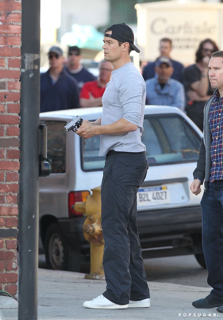 Josh Duhamel got serious while filming a scene for Battle Creek in LA on Thursday.