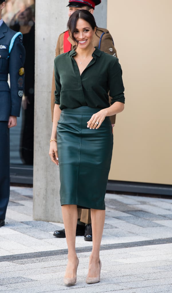 Meghan Markle Work Outfit Idea: A Leather Pencil Skirt and Button-Down
