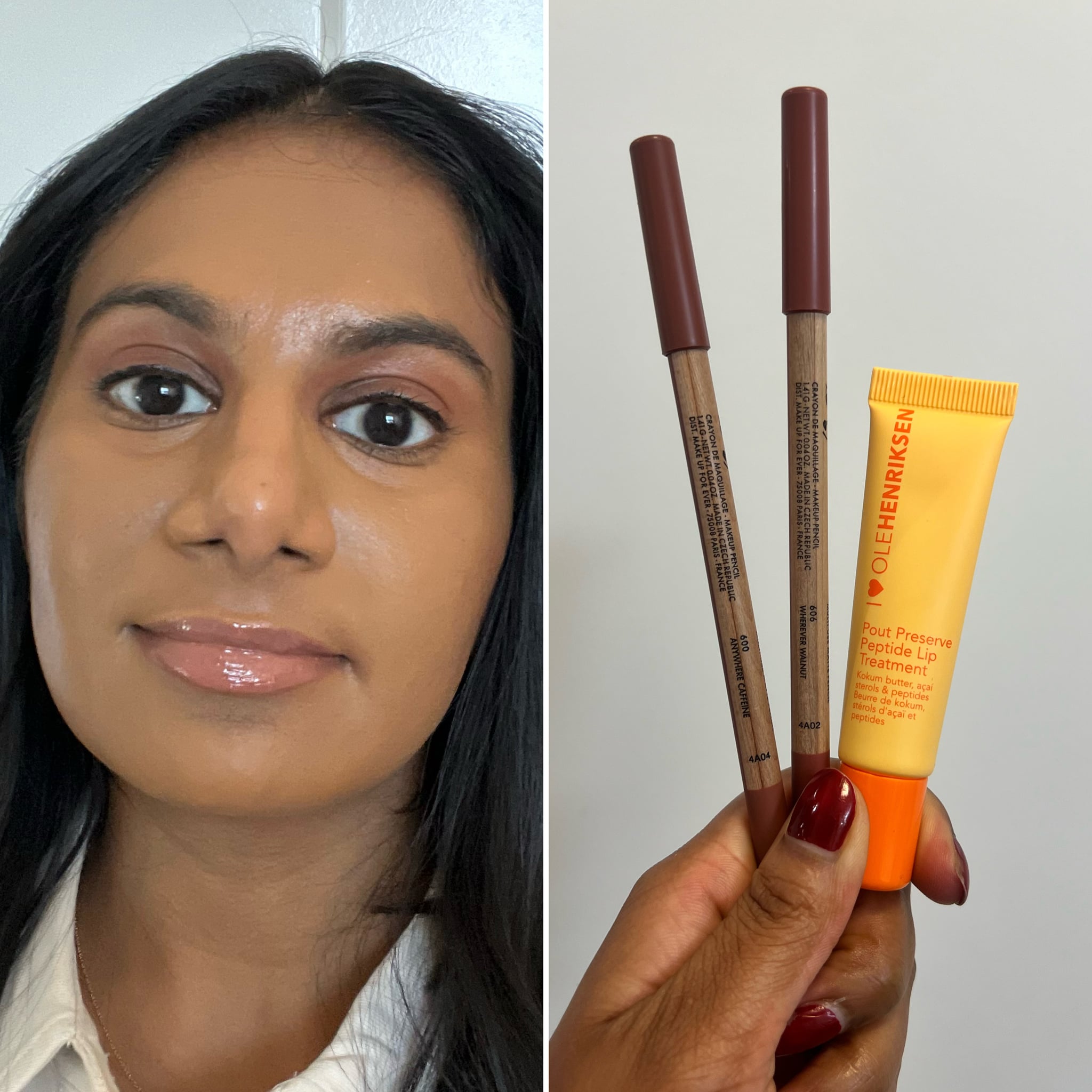 Woman wearing the Make Up For Ever Artist Color Pencils in Anywhere Caffeine and Wherever Walnut, and Ole Henriksen Pout Preserve Peptide Lip Treatment in Original.