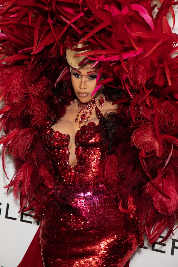 See Cardi B's Red Feathered Dress at Paris Fashion Week 2021