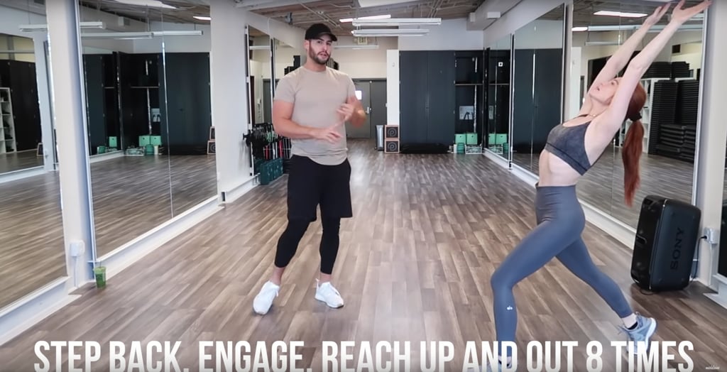 Do the same step-back move, but this time, reach your arms up and back to really stretch out your abdomen. Repeat the last two exercises with the other leg now.