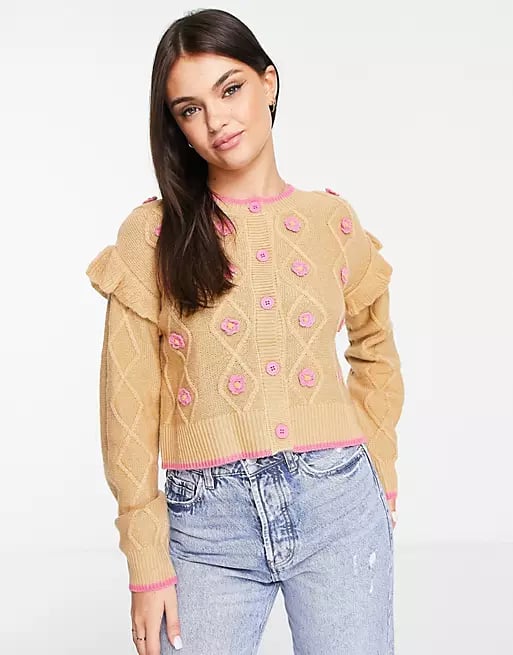 Miss Selfridge 3D Crochet Flower Sweater in Camel