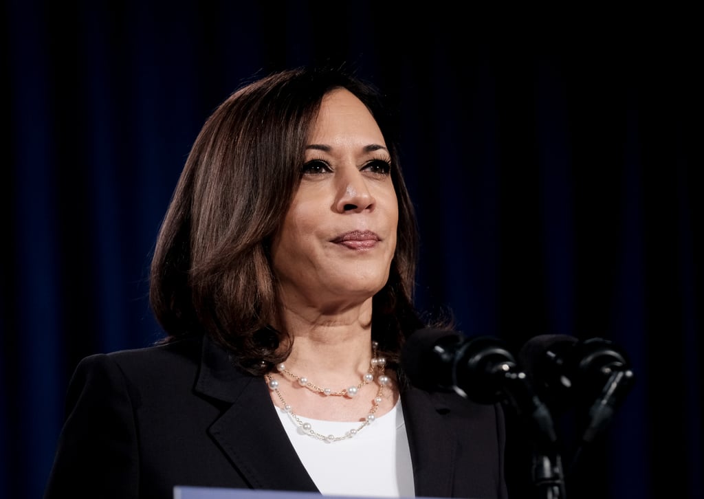 Harris double-looped this chainlink pearl necklace for a campaign event as Democratic Vice Presidential nominee in August 2020.