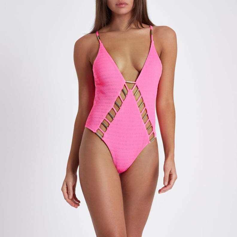 River Island Womens Pink Shirred Bar Cutout Plunge Swimsuit