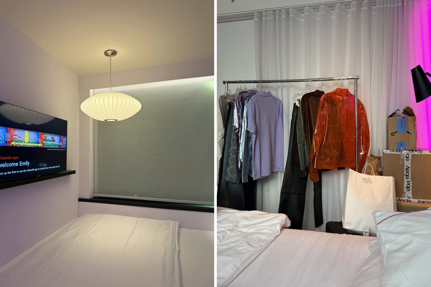 Side-by-side photos show a bed in the CitizenM Downtown LA hotel and a clothing rack.