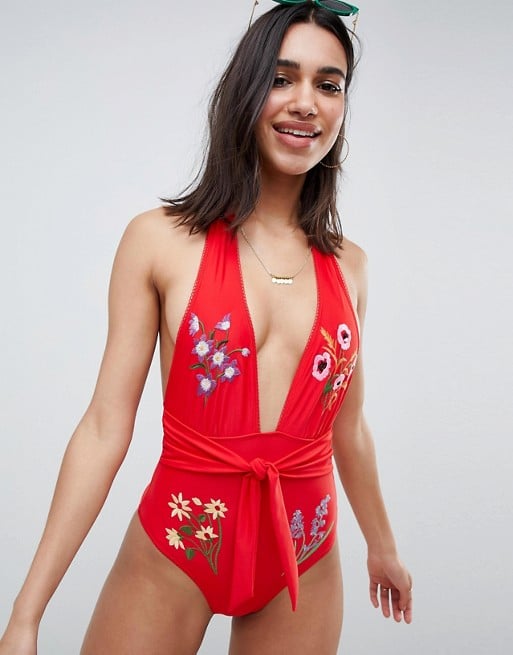 ASOS DESIGN recycled skinny cross back swimsuit in red