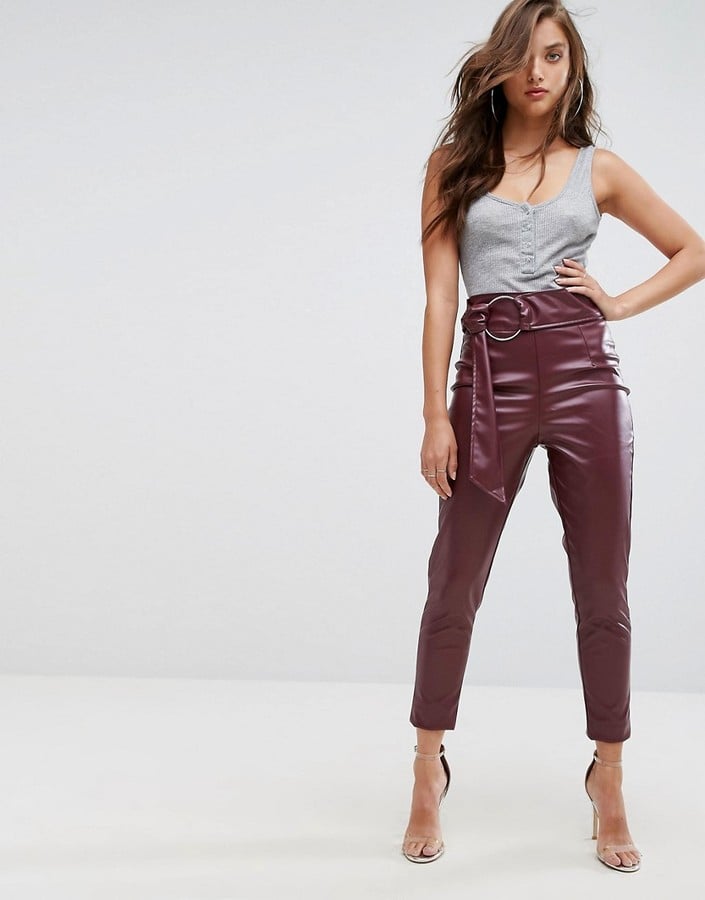 leather look belted trousers