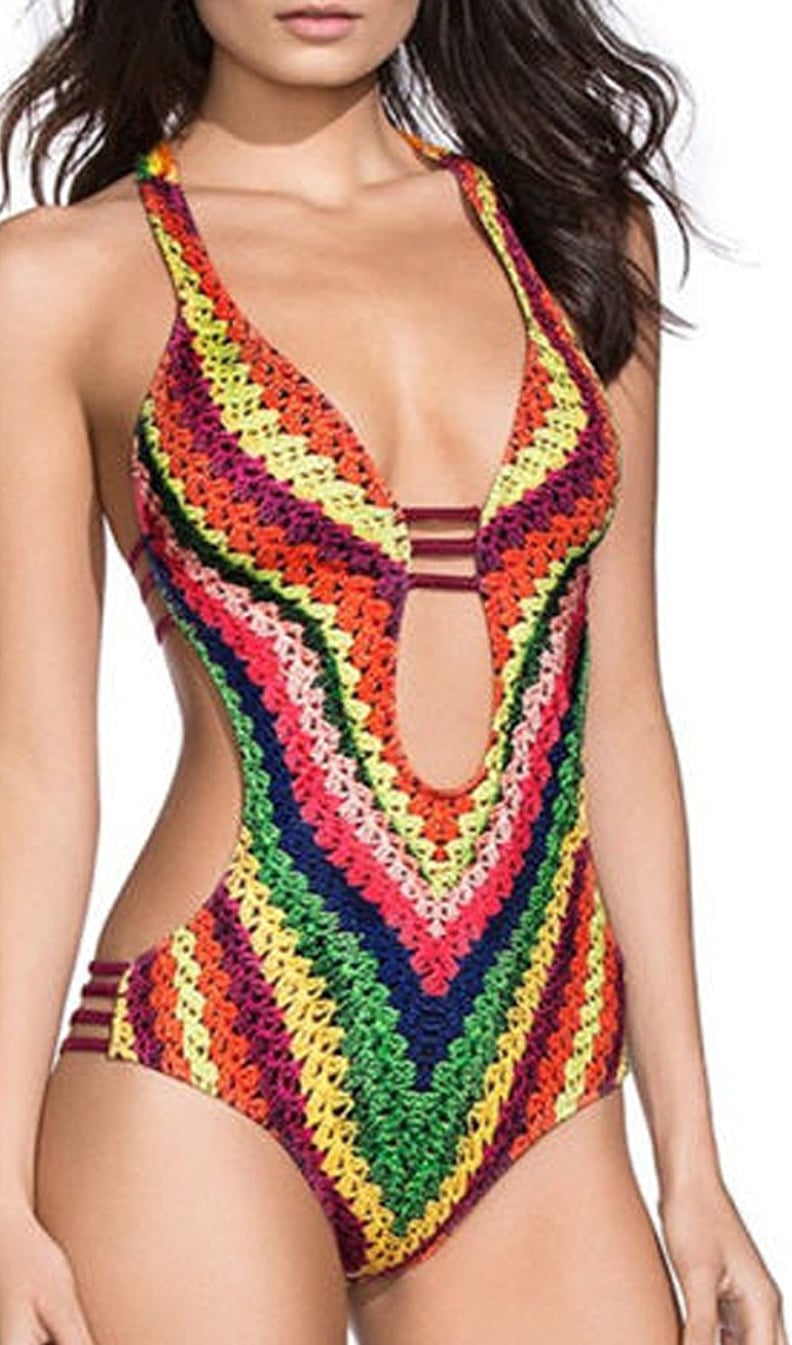 Onavy Multicoloured Floral Crochet Bandage Swimwear One Piece Swimsuit