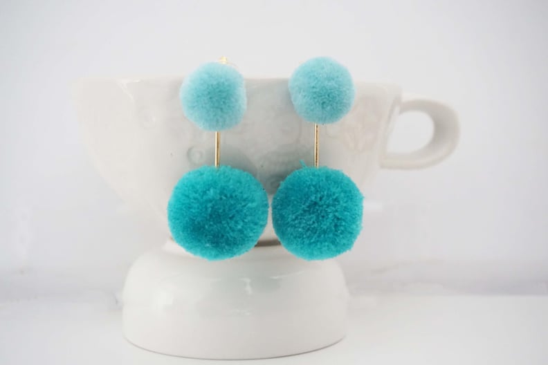 Teal Blue and Gold Pom Pom Earrings