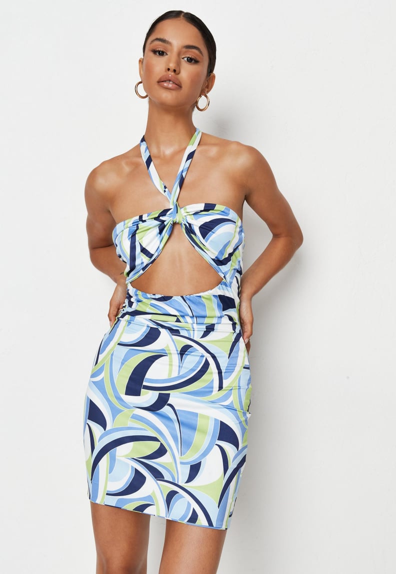 Missguided Blue Psychedelic Print Cut Out Halter Mini Dress