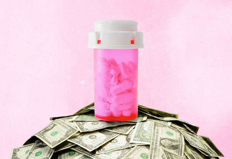 Pink bottle of prescription drugs sitting on a pile of money.