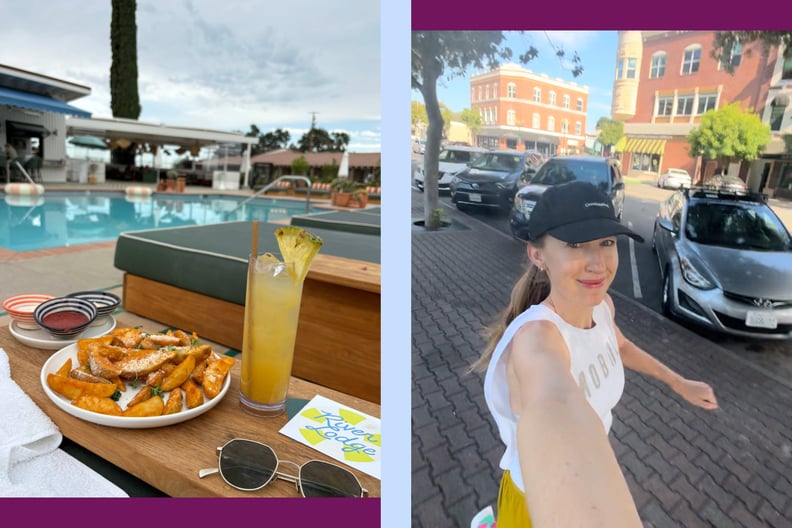 A grid of two photos shows a scene by a pool with fries and a drink on the lefthand side, and a woman taking a selfie while running on the righthand side.