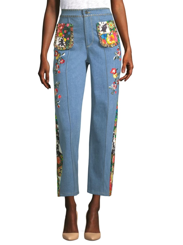 Reina Embroidered Denim Pants by Alice + Olivia | Jeans With Patches ...