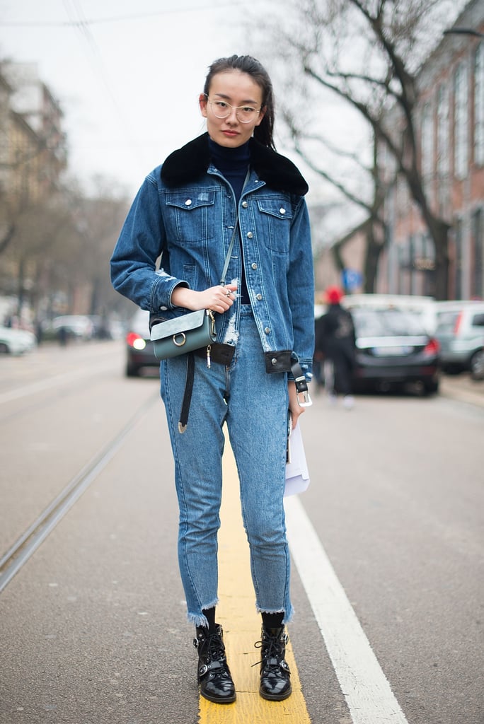 A Denim Jacket With a Furry Collar and Frayed Jeans | How to Wear Denim ...