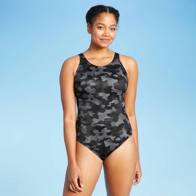 All in Motion Women's Strappy Back One Piece Swimsuit - Black Camo Print