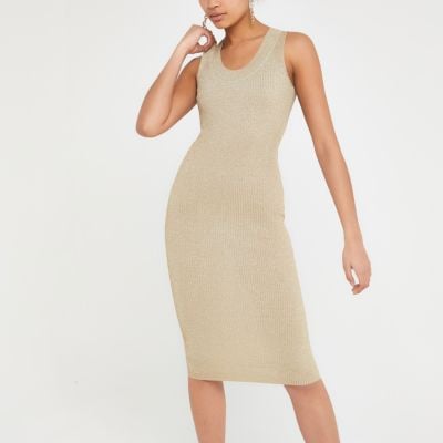 River Island Metallic Gold Knitted Midi Dress