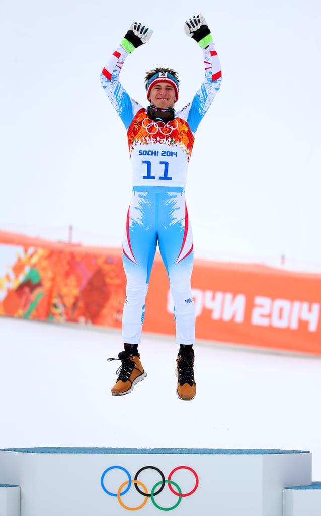 Matthias Mayer of Austria leapt in the air after winning the gold for the alpine skiing men's downhill event.