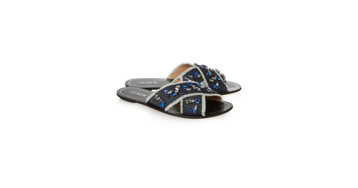 J.Crew Cyprus embellished denim slides ($160) | Best Flat Sandals For ...