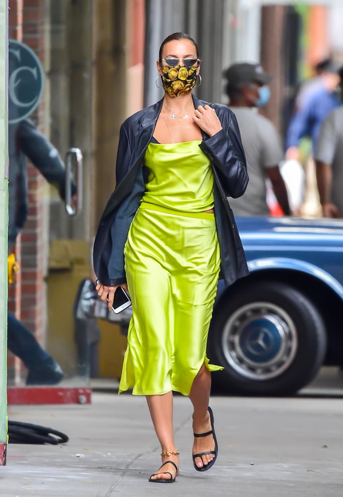 Irina Shayk Wearing a Neon Silk Cami and Matching Skirt in NYC