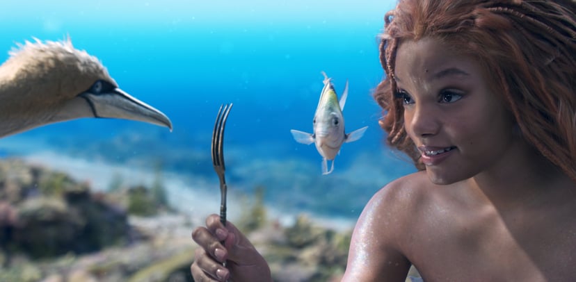 THE LITTLE MERMAID, from left: Scuttle (voice: Awkwafina), Flounder (voice: Jacob Tremblay), Halle Bailey as Ariel, 2023.  Walt Disney Studios Motion Pictures / Courtesy Everett Collection
