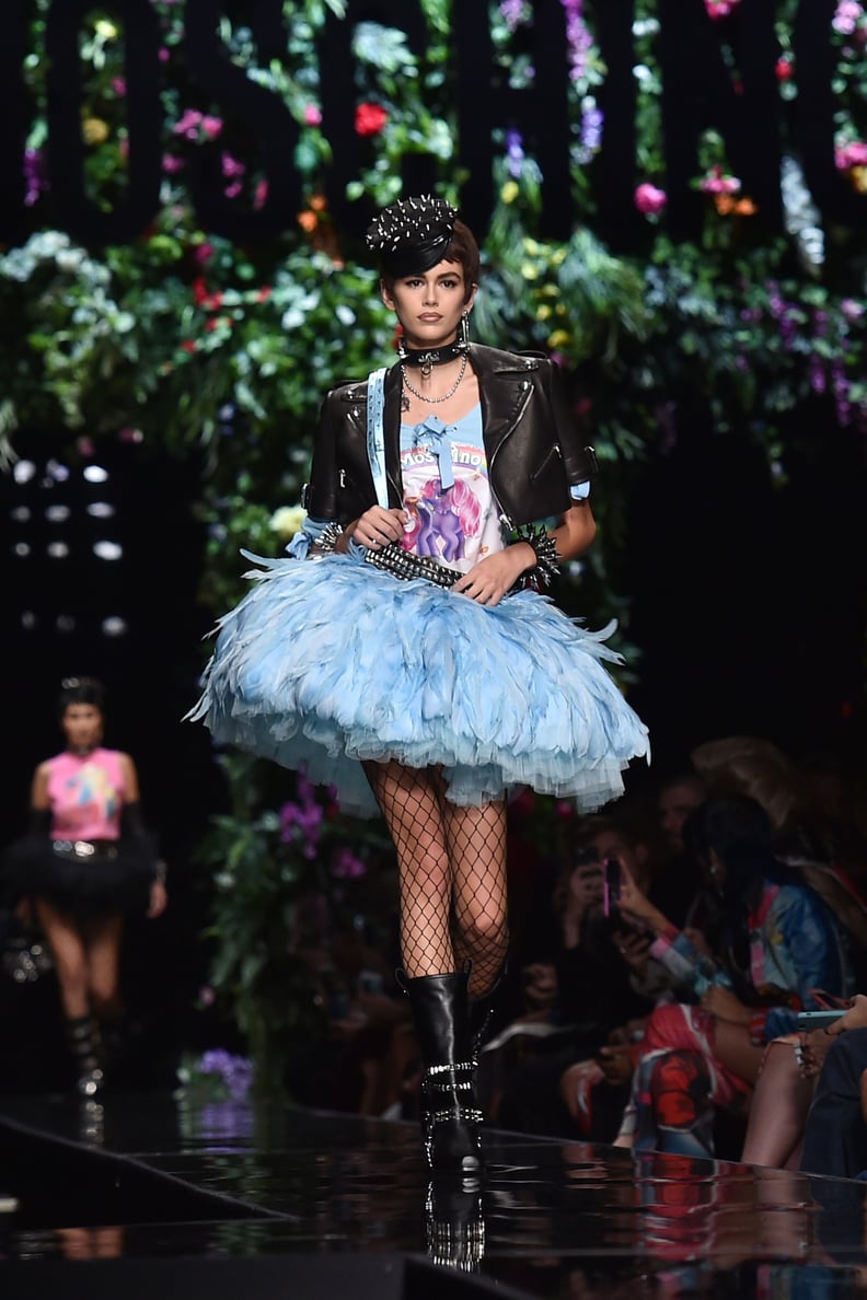 Kaia Walked in Jeremy Scott's Moschino Show in This Big, Blue Tutu and Fishnet Tights