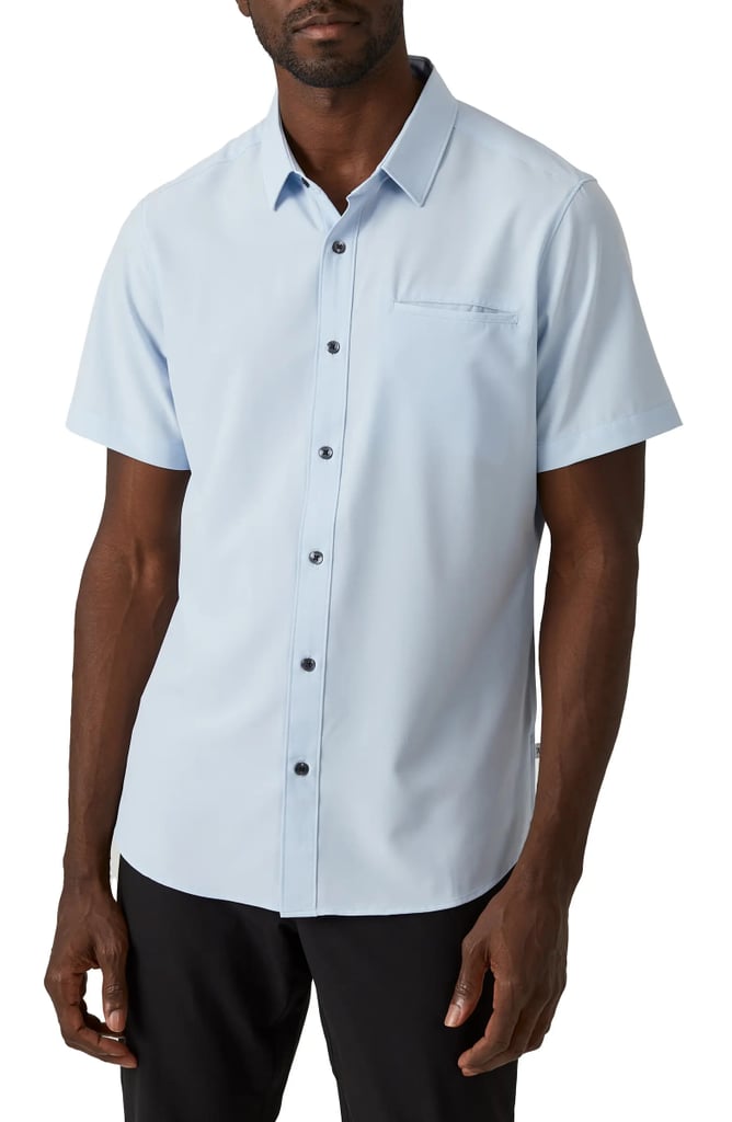 经典有衣领扣的衬衫:7钻石格兰特瘦身的固体拉伸短袖扣上钮扣衬衫