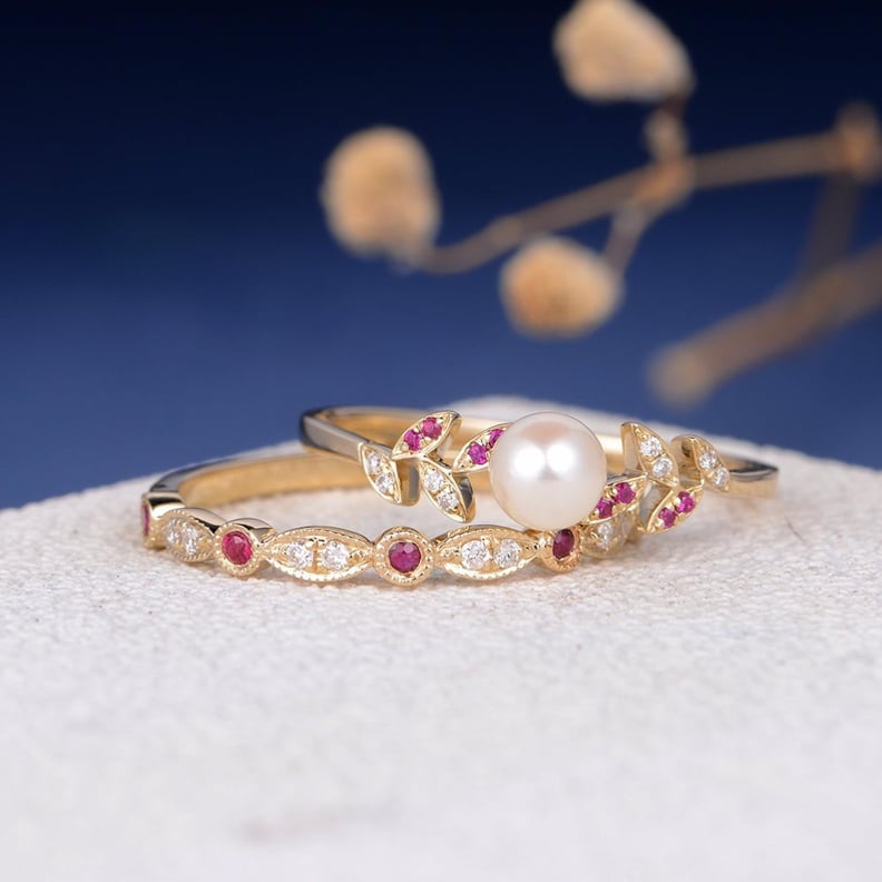 Pearl, Ruby, and Diamond Bridal Ring Set