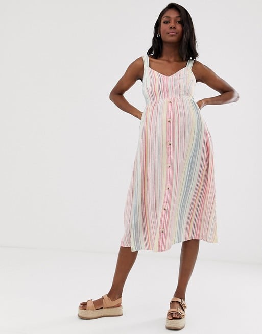 New Look Maternity Stripe Linen Midi Dress in White Pattern