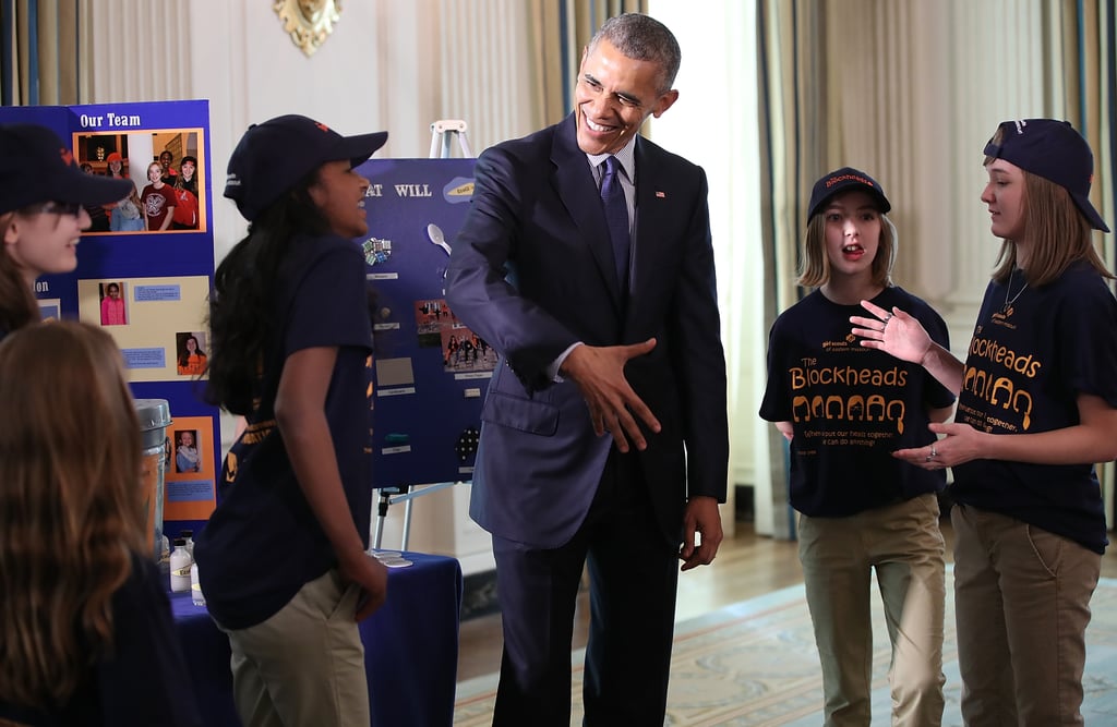 The Girl Scout Troop #1484 from St. Louis, MO, shared some laughs with the president while describing their project — a bin called Eco Bin that can dissolve styrofoam (which can take hundreds of years to decompose) when it's mixed with water. As a result of this experiment, they discovered a sticky substance that they bottled for art projects and are calling GlOo. They've won state awards and a chance to compete for the Global Innovation Award and are now pursuing patents for both projects.