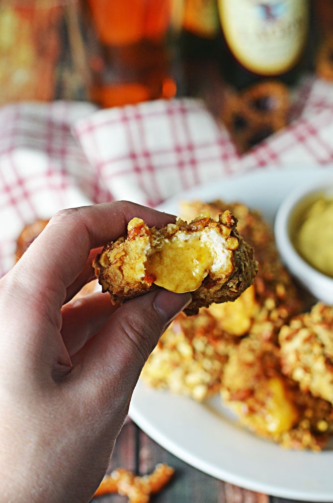 Pretzel-Crusted Chicken Nuggets Stuffed With Beer Cheese Sauce