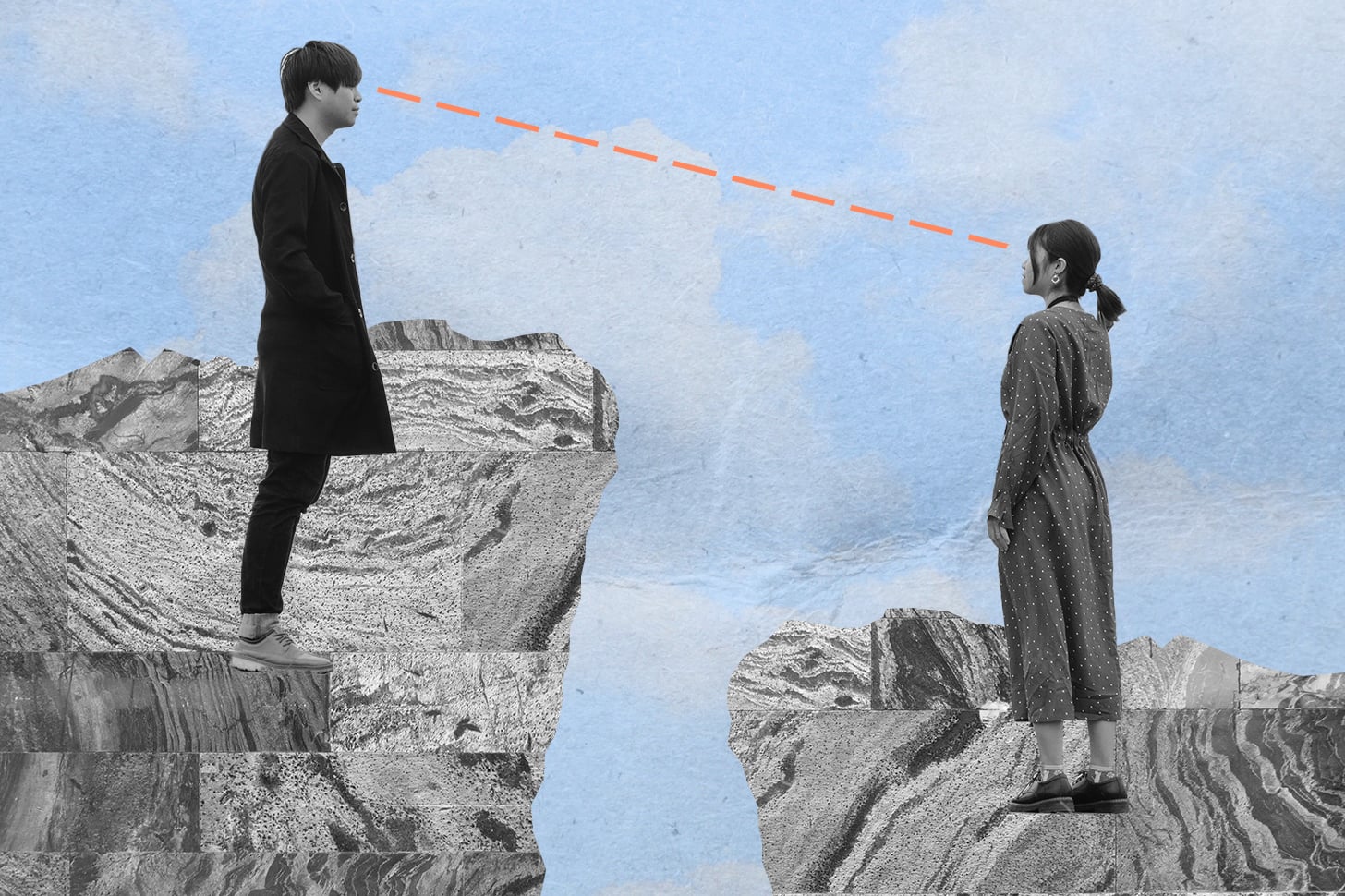 collage artwork of a couple standing on rocks of differing heights