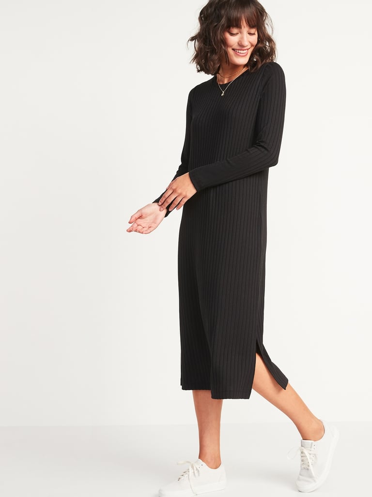 Rib-Knit Long-Sleeve Midi Shift Dress