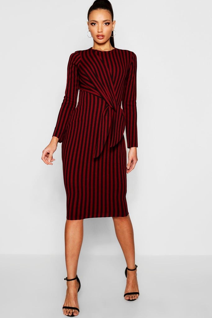 Boohoo Stripe Side Tie Long Sleeve Midi Dress