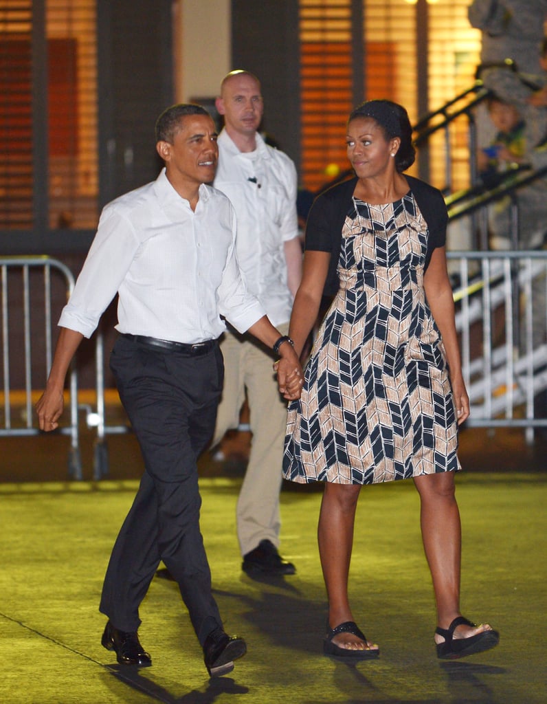 Michelle wearing a chevron print dress with platforms in Honolulu.