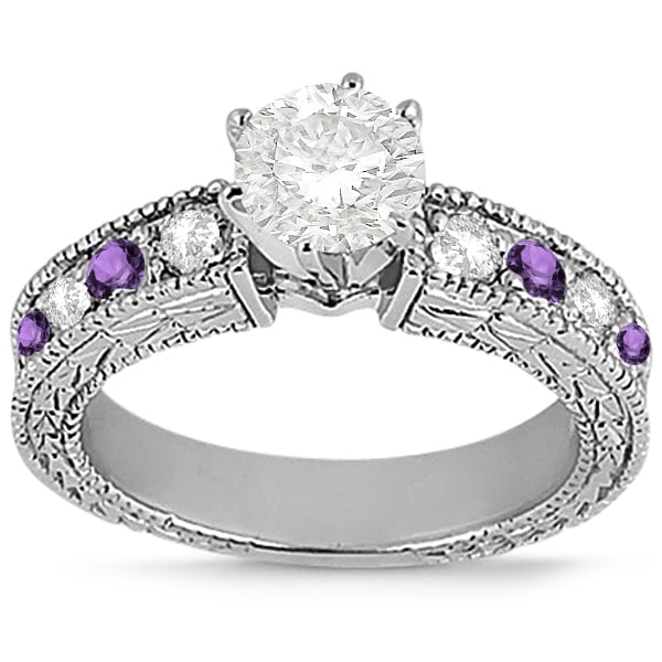 Antique Diamond and Amethyst Engagement Ring 14k White Gold