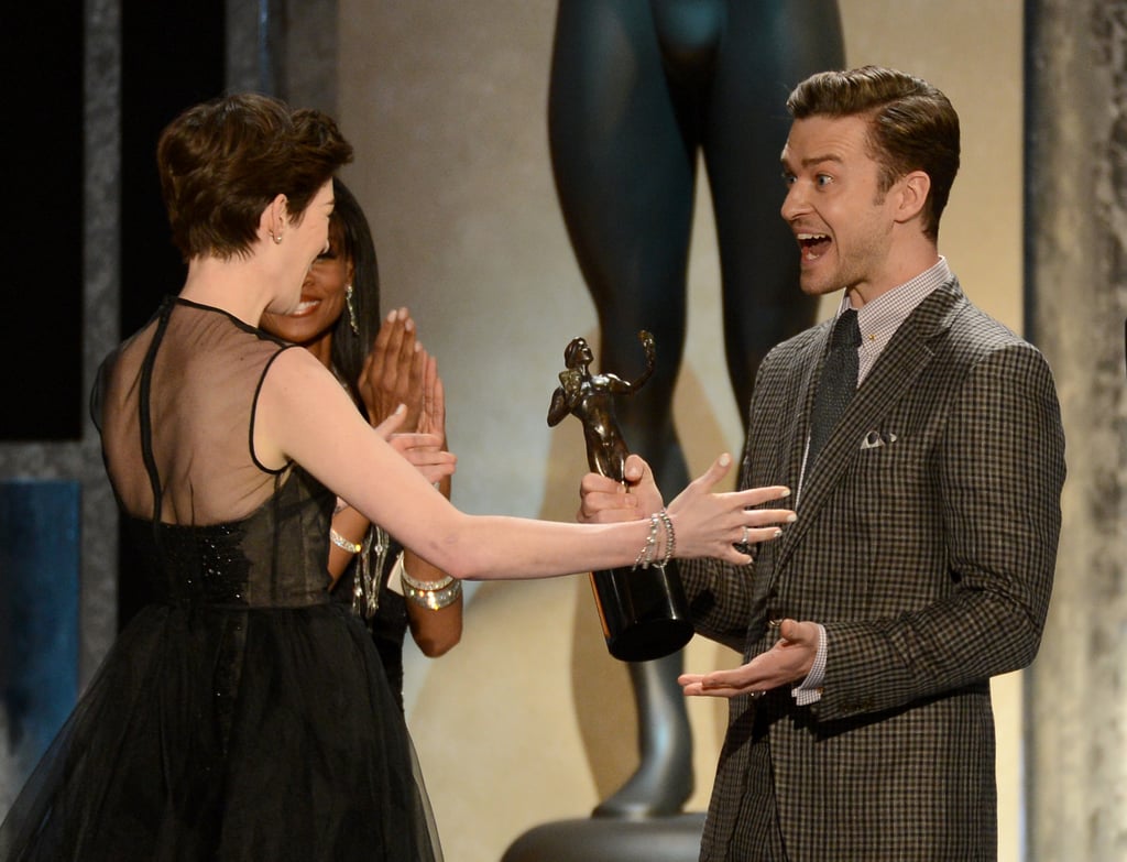 Anne Hathaway and Justin Timberlake shared a moment of excitement on stage.
Anne Hathaway and Justin Timberlake shared a moment of excitement on stage.