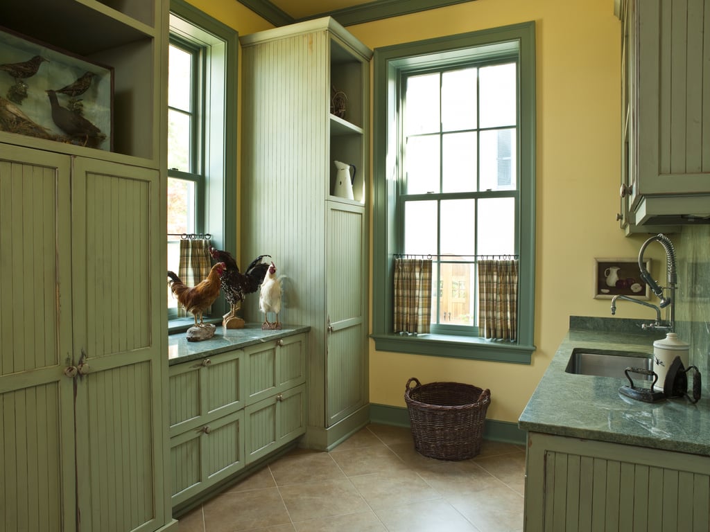 A butler's pantry is bathed in green and yellow tones.