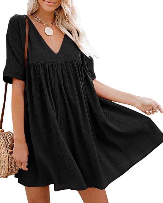 Hestenve Short-Sleeve V-Neck Swing Mini Dress