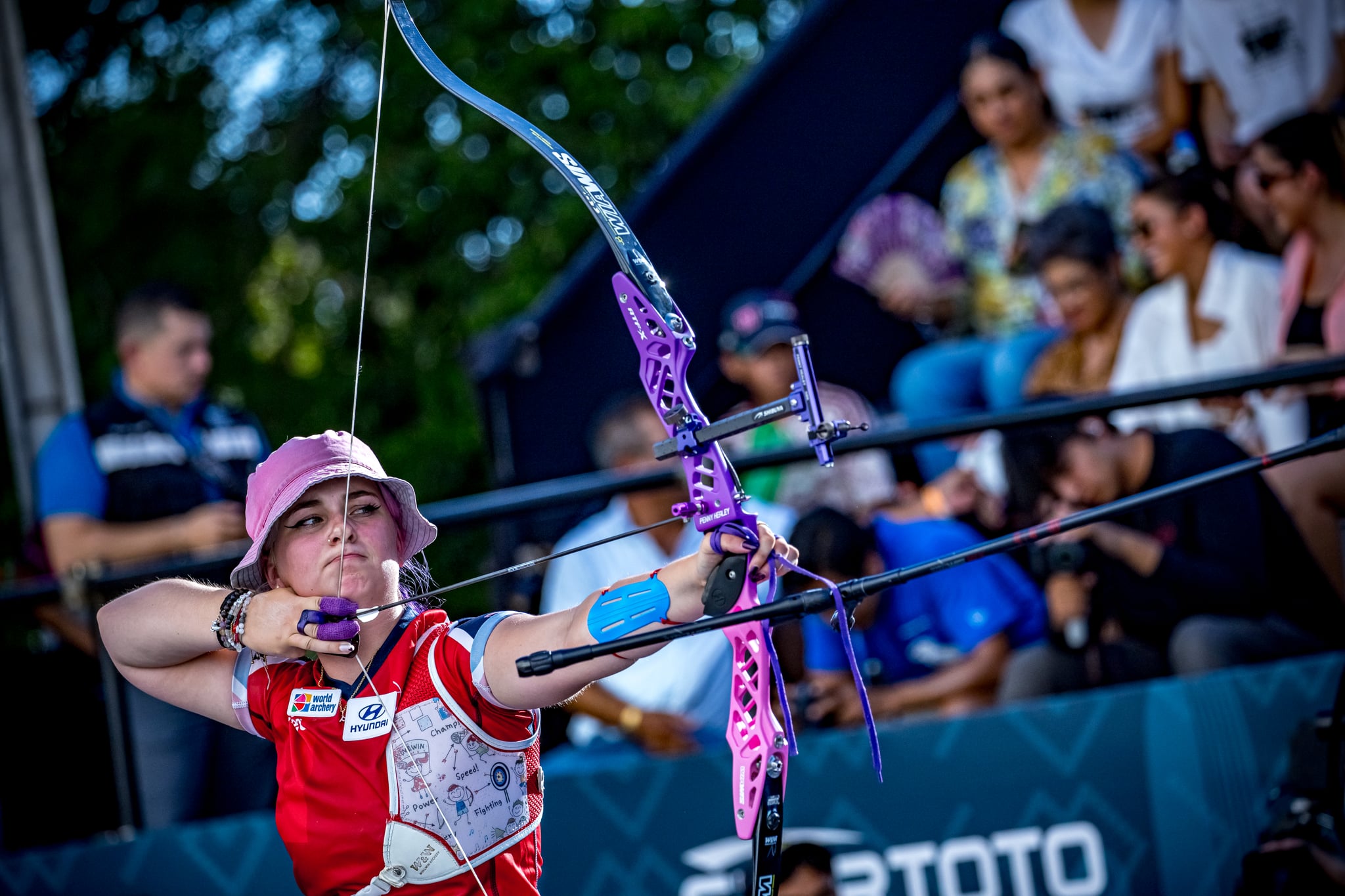 HERMOSILLO, MEXICO - SEPTEMBER 10: In this handout image provided by the World Archery Federation, Penny Healey of Great Britain during the Women's recurve finals during the Hyundai Archery World Cup Finals 2023 on September 10, 2023 in Hermosillo, Mexico. (Photo by Dean Alberga/Handout/World Archery Federation via Getty Images )