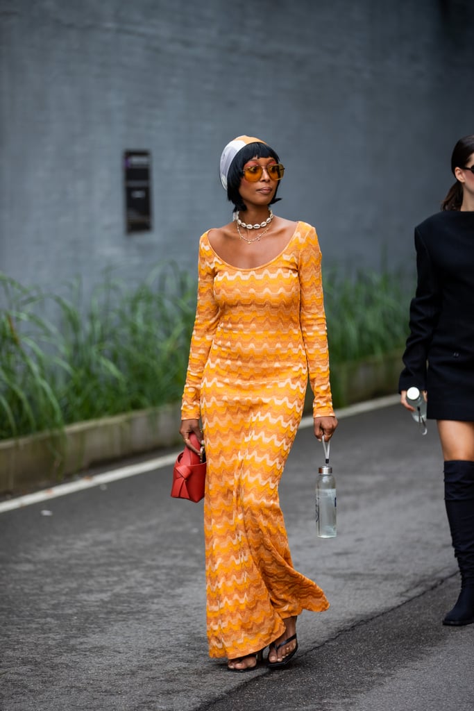 A Bright Knitted Dress, Bandana, and Beaded Necklace