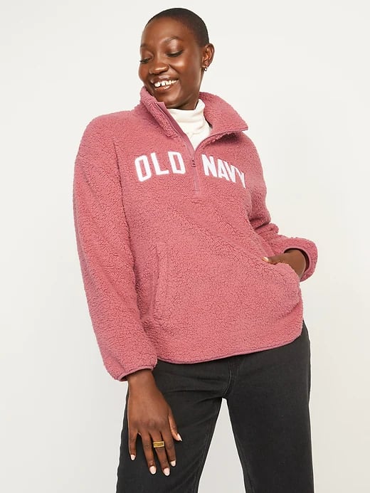 Old Navy Mock-Neck Half-Zip Logo-Graphic Sherpa Sweater