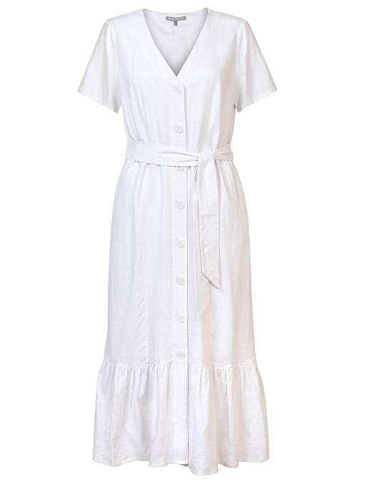 Oliver Bonas Linen Button Through White Midi Dress